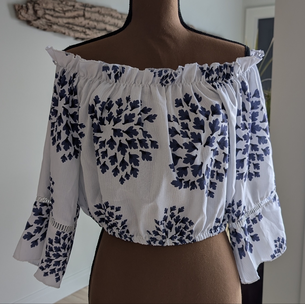 Off-Shoulder Blue and White Floral Top